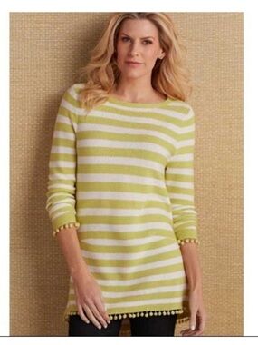 Soft Surroundings Yellow Chartruese & White Striped Pom-Pom Hem Vista Tunic